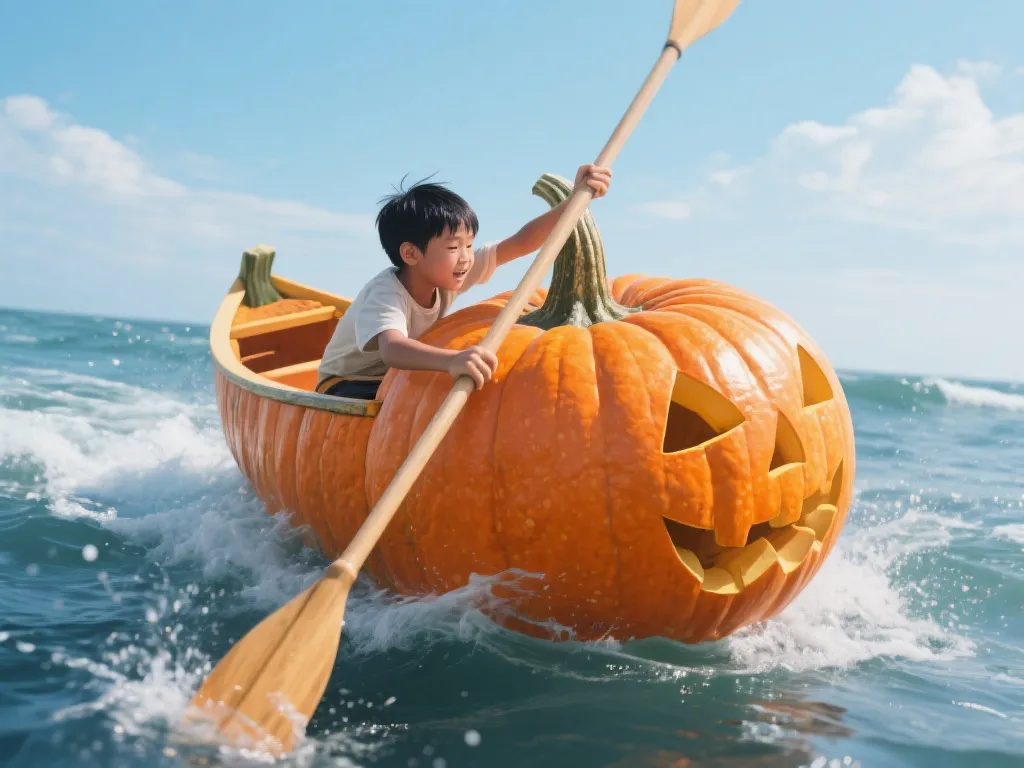 Supakorn paddling a giant pumpkin boat on the sea